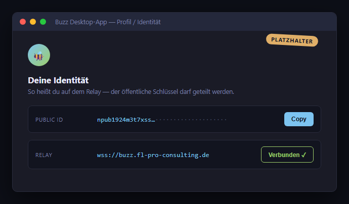Buzz-Desktop-App, Identitätsansicht mit öffentlicher ID (npub1…, gekürzt) und Copy-Button — Platzhalter-Mockup, echte Aufnahme folgt
