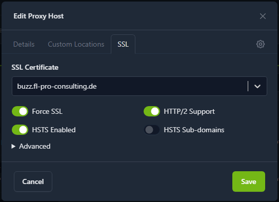 NPM-SSL-Tab: Let's-Encrypt-Zertifikat für buzz.fl-pro-consulting.de ausgewählt, Force SSL, HTTP/2 und HSTS aktiviert