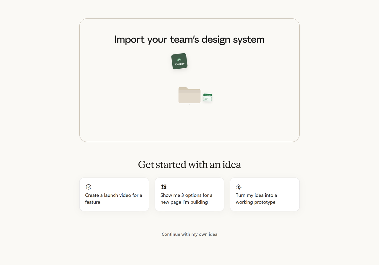 Claude-Design-Startbildschirm: oben „Import your team's design system