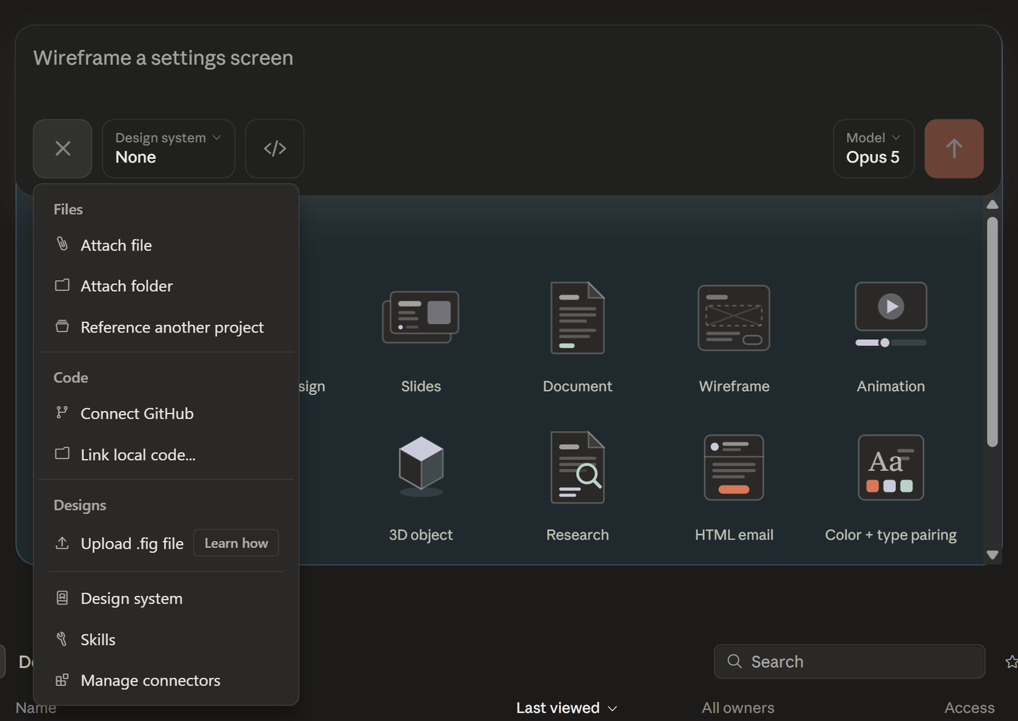 Anhäng-Menü im Prompt-Feld: Attach file/folder, Reference another project, Connect GitHub, Link local code, Upload .fig file, Design system, Skills, Manage connectors
