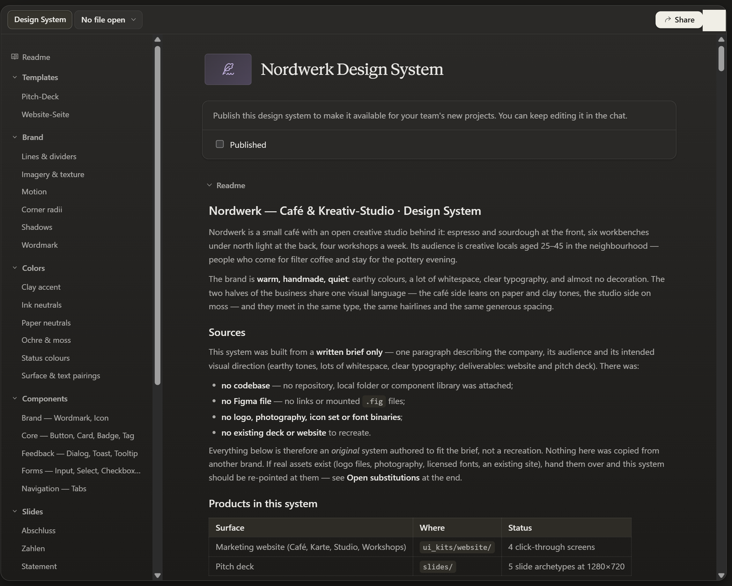 Generiertes Nordwerk-Design-System: Struktur-Navigation mit Templates, Brand, Colors und Components, Readme mit Markenbeschreibung — und oben der „Published