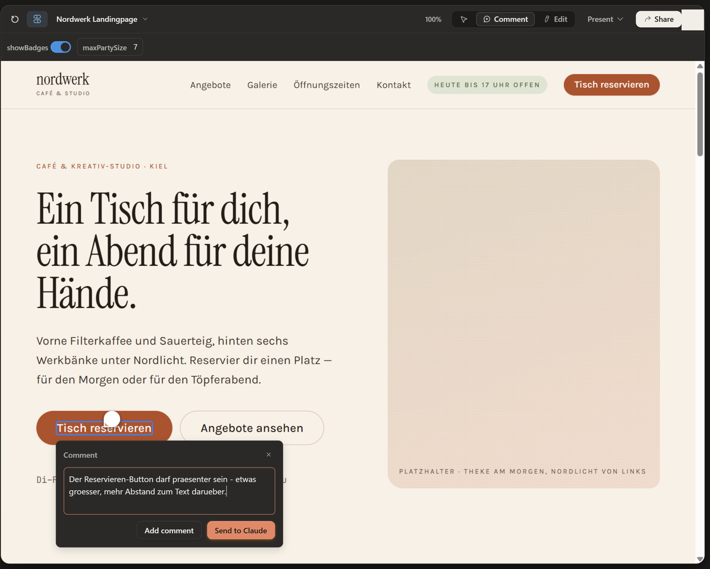 Kommentar-Modus: Kommentar am „Tisch reservieren