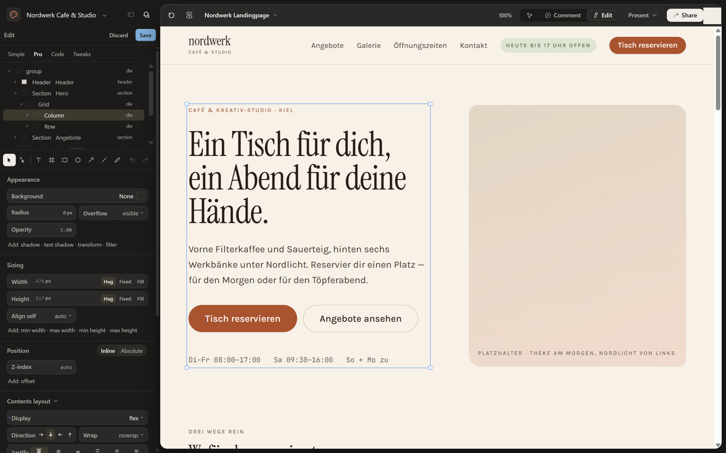 Edit-Modus: Ebenenbaum (Header, Hero, Grid), Auswahl mit Ziehpunkten auf der Canvas und Eigenschaften-Panel mit Appearance, Sizing und Position