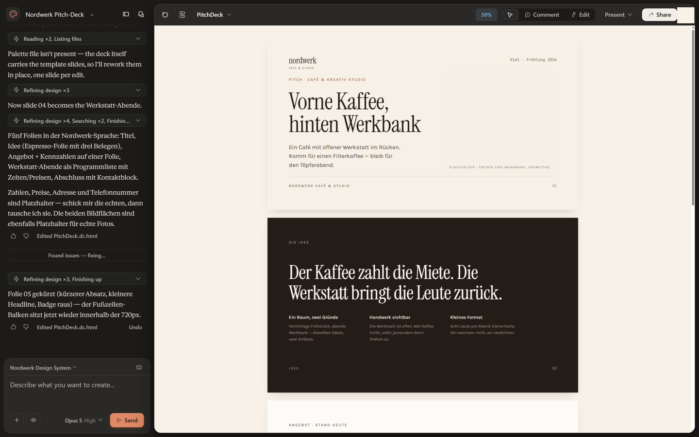 Pitch-Deck-Projekt bei 50 % Zoom: Titel-Folie „Vorne Kaffee, hinten Werkbank