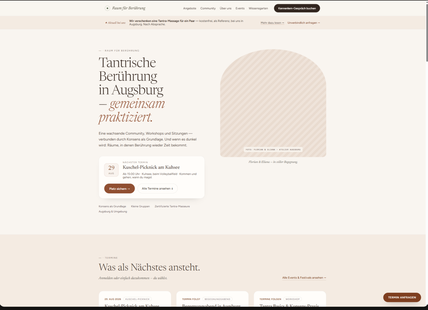 Redesign-Entwurf der RfB-Startseite auf der Canvas: klarere Hero-Hierarchie, Termin-Karte „Nächster Termin: 29. Aug — Kuschel-Picknick am Kuhsee