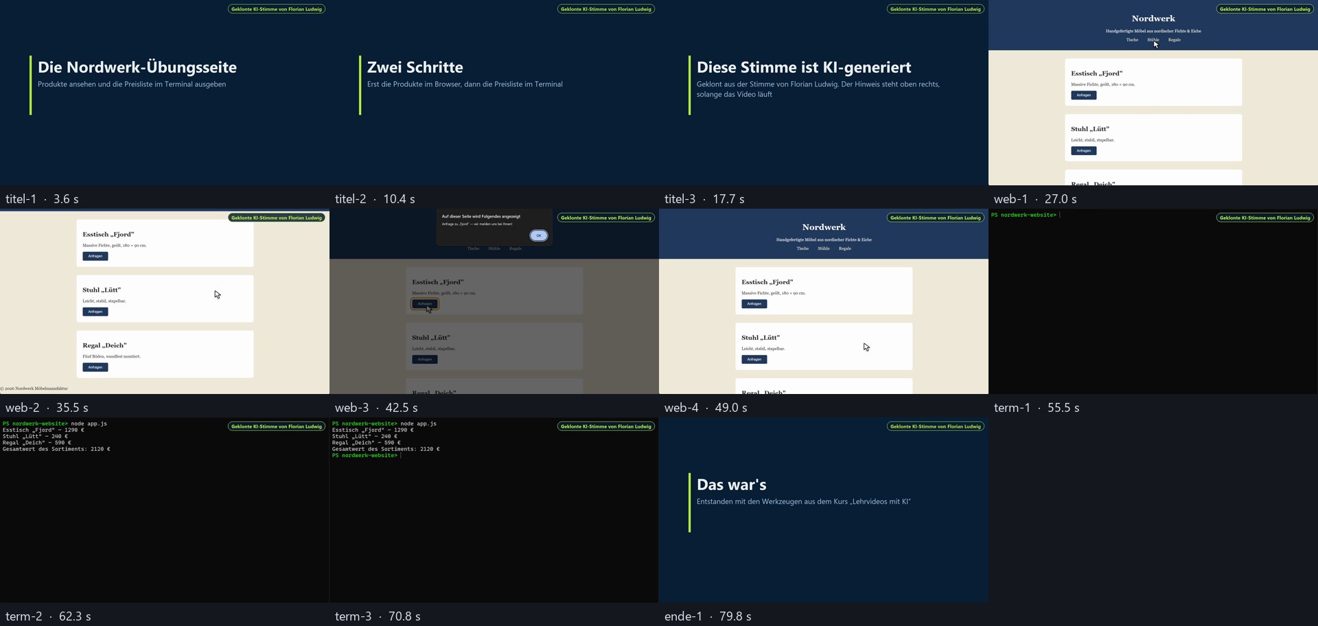 Kontaktbogen mit elf Bildern: drei Titeltafeln, vier Bilder der Nordwerk-Seite im Browser, drei Bilder des Terminals, eine Schlusstafel. Auf jedem Bild oben rechts „Geklonte KI-Stimme von Florian Ludwig“.