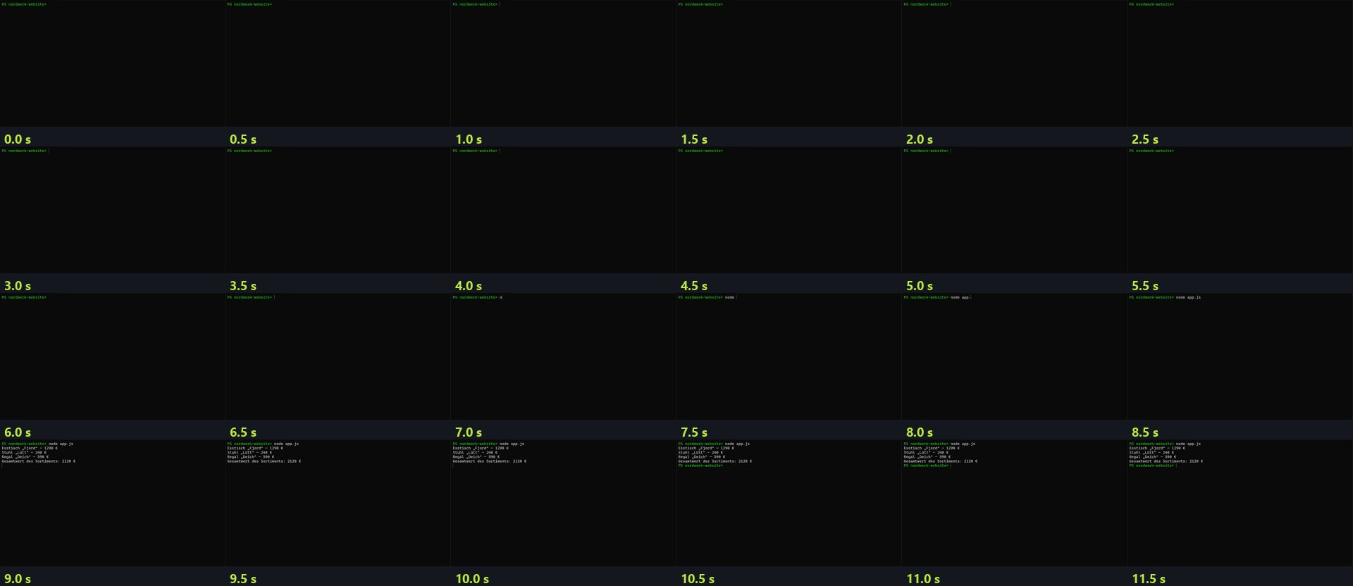 Bildbogen der Terminal-Aufnahme: 24 kleine Bilder im Abstand von einer halben Sekunde. Ab 7,0 Sekunden wird node app.js getippt, ab 9,0 Sekunden steht die Preisliste im Bild, ab 10,5 Sekunden der neue Prompt.