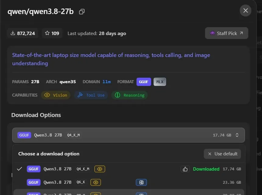 LM Studio, Download-Optionen für Qwen3.8 27B: Q4_K_M 17,74 GB, Q6_K 23,36 GB, Q8_0 29,98 GB