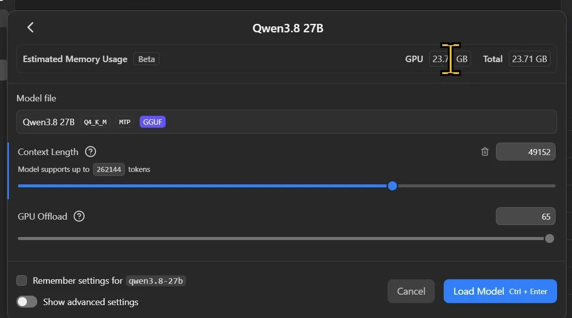 LM Studio, Ladedialog für Qwen3.8 27B: Kontextlänge 49152, GPU-Offload 65 von 65, geschätzter Speicher 23,71 GB