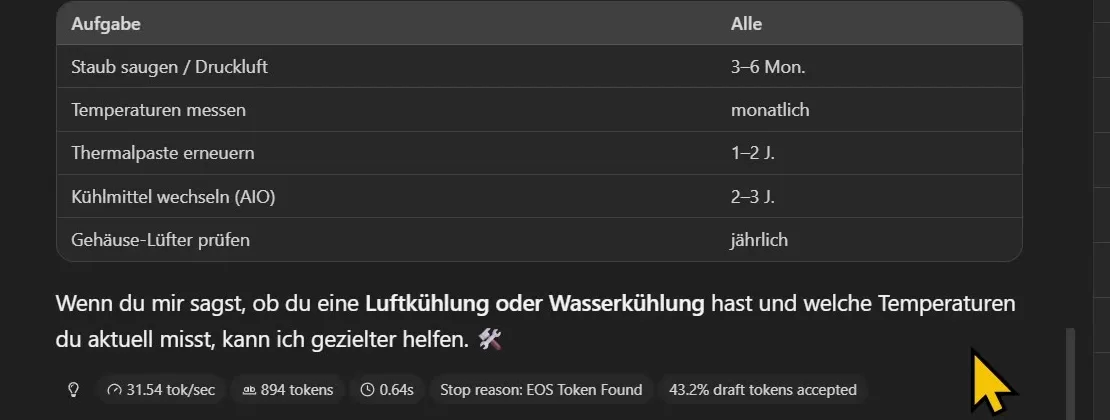 LM Studio, Kennzahlen unter einer Antwort des großen Modells: 31,54 tok/sec, 894 Token, 0,64 s bis zum ersten Token