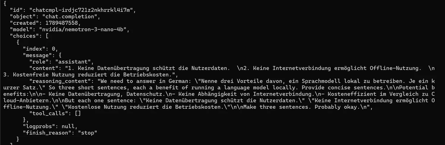 Terminal mit der JSON-Antwort des lokalen Servers: model nvidia/nemotron-3-nano-4b, choices mit message.content auf Deutsch, dazu reasoning_content