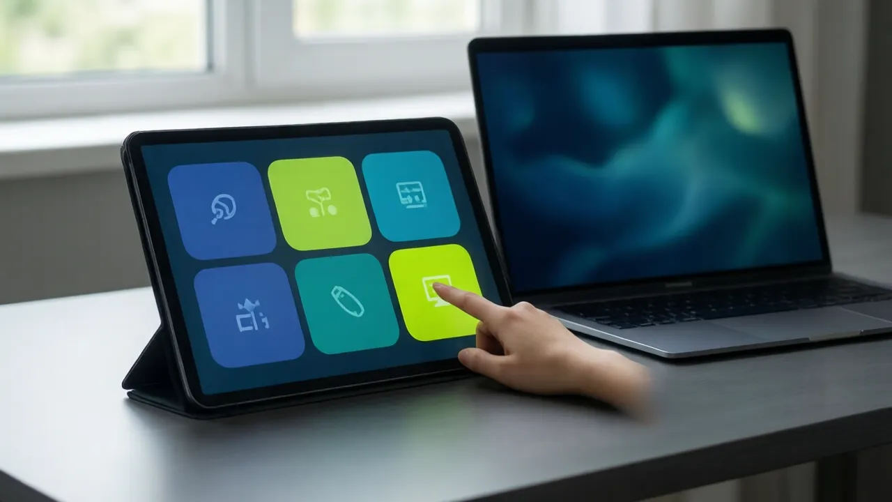 KI-Symbolbild: Ein flach liegendes Tablet mit einem Raster großer farbiger Tasten neben einem Notebook
