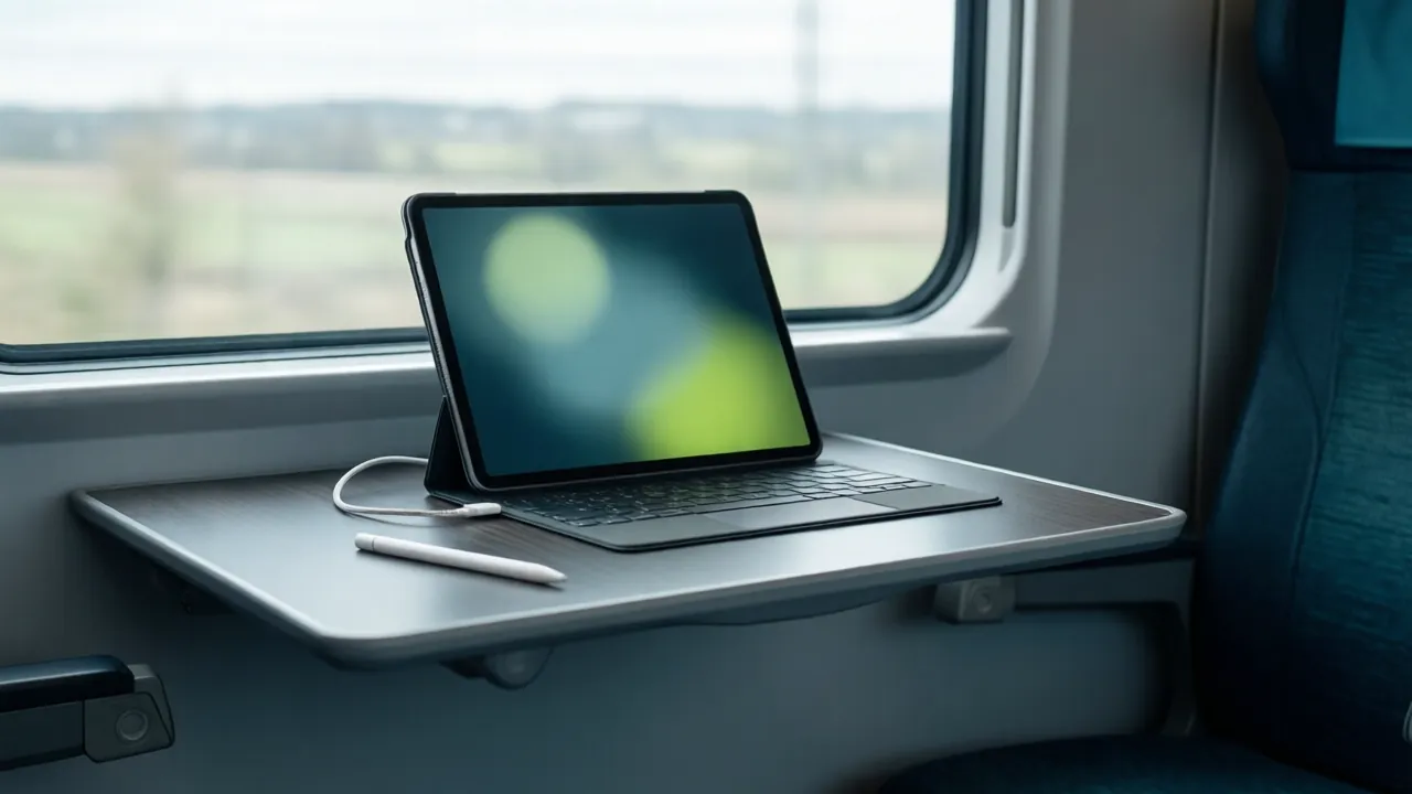 KI-Symbolbild: Ein Notebook und ein Tablet mit Stift auf einem Klapptisch in einem Zugabteil