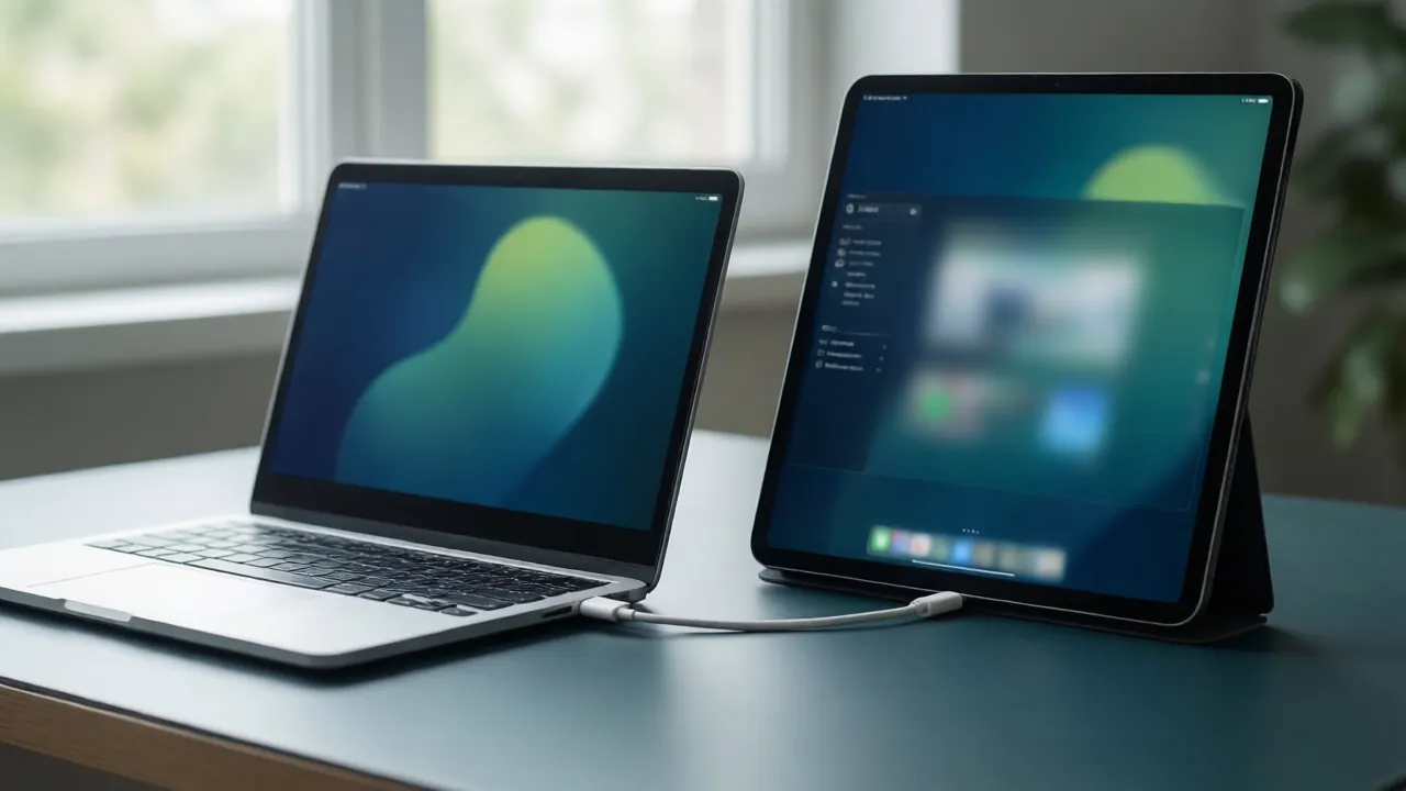 KI-Symbolbild: Ein Notebook und daneben ein per Kabel verbundenes Tablet, auf dem ein weiteres Programmfenster zu sehen ist