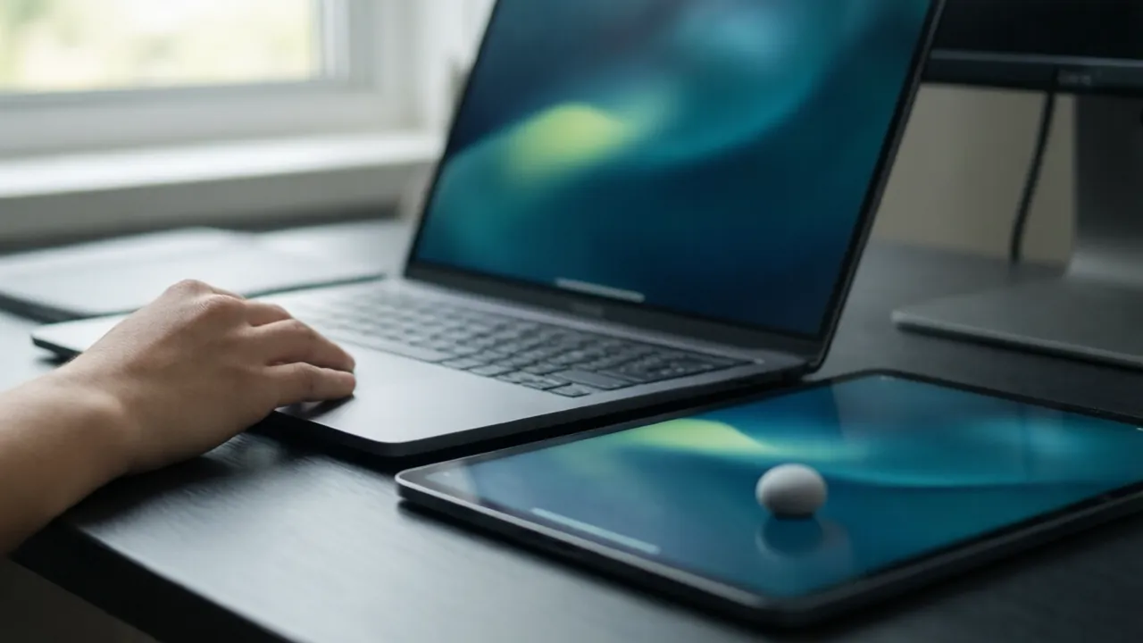 KI-Symbolbild: Eine Hand auf dem Trackpad eines Notebooks, daneben ein Tablet, auf dem ein runder Mauszeiger zu sehen ist