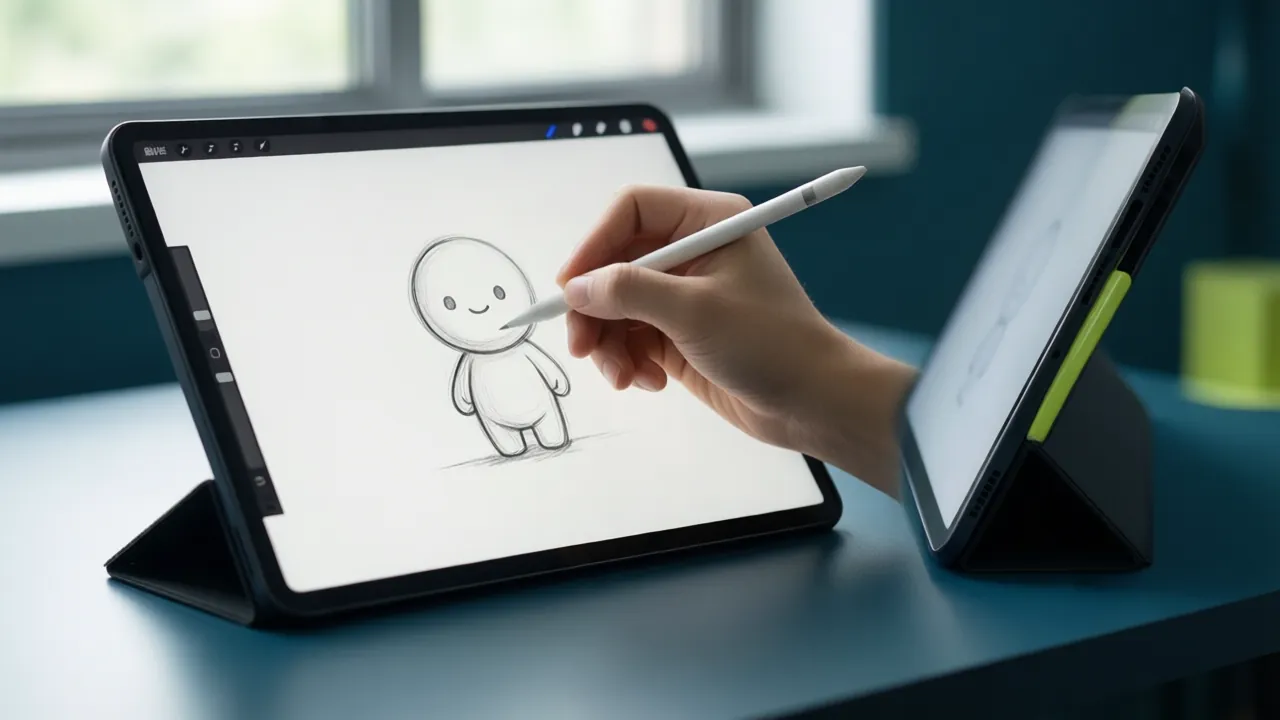 KI-Symbolbild: Eine Hand zeichnet mit einem Stift auf einem Tablet die Umrisse einer kleinen, rundlichen Figur