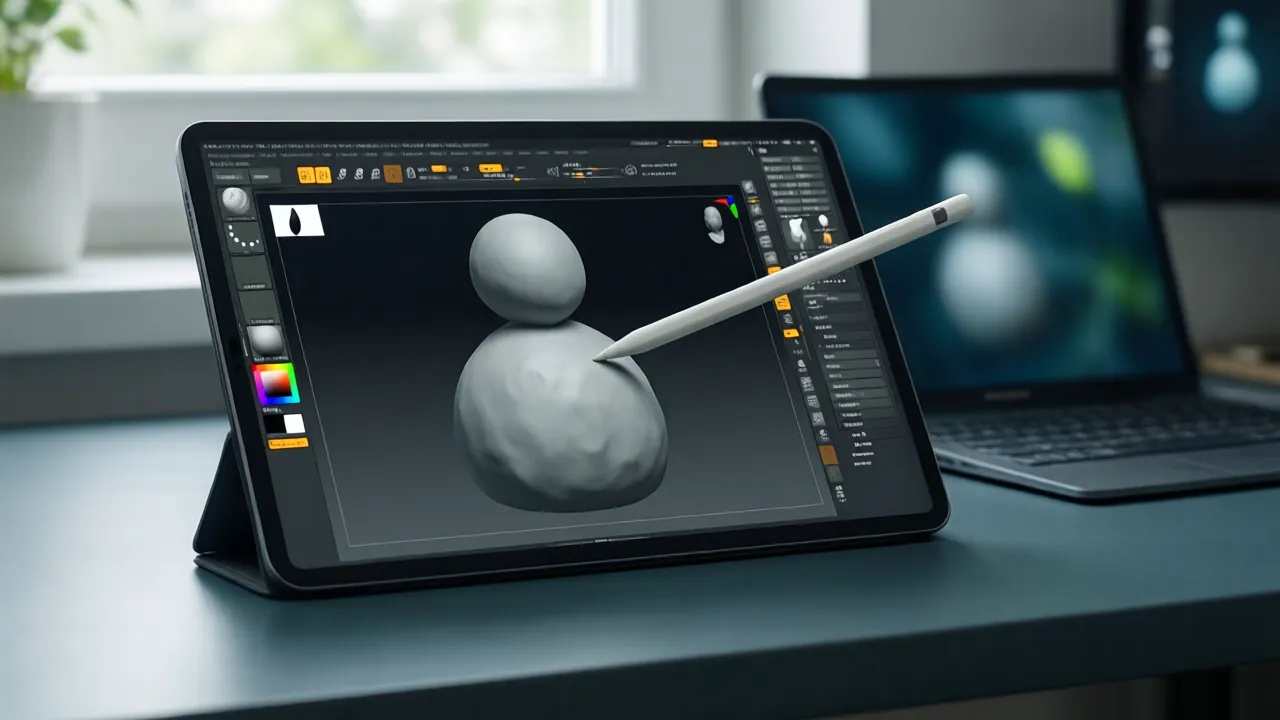 KI-Symbolbild: Ein Stift formt auf einem Tablet eine graue, rundliche 3D-Figur