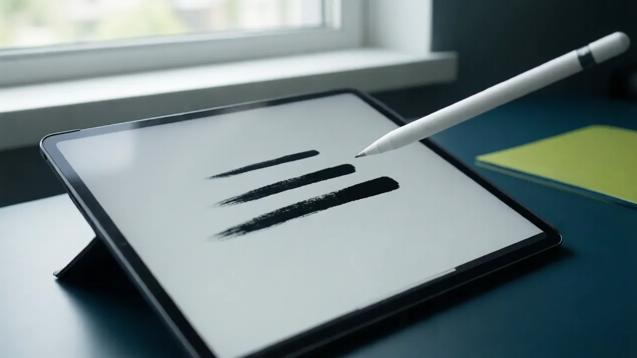 KI-Symbolbild: Ein Stift auf einem Tablet, darauf drei Linien von dünn bis dick