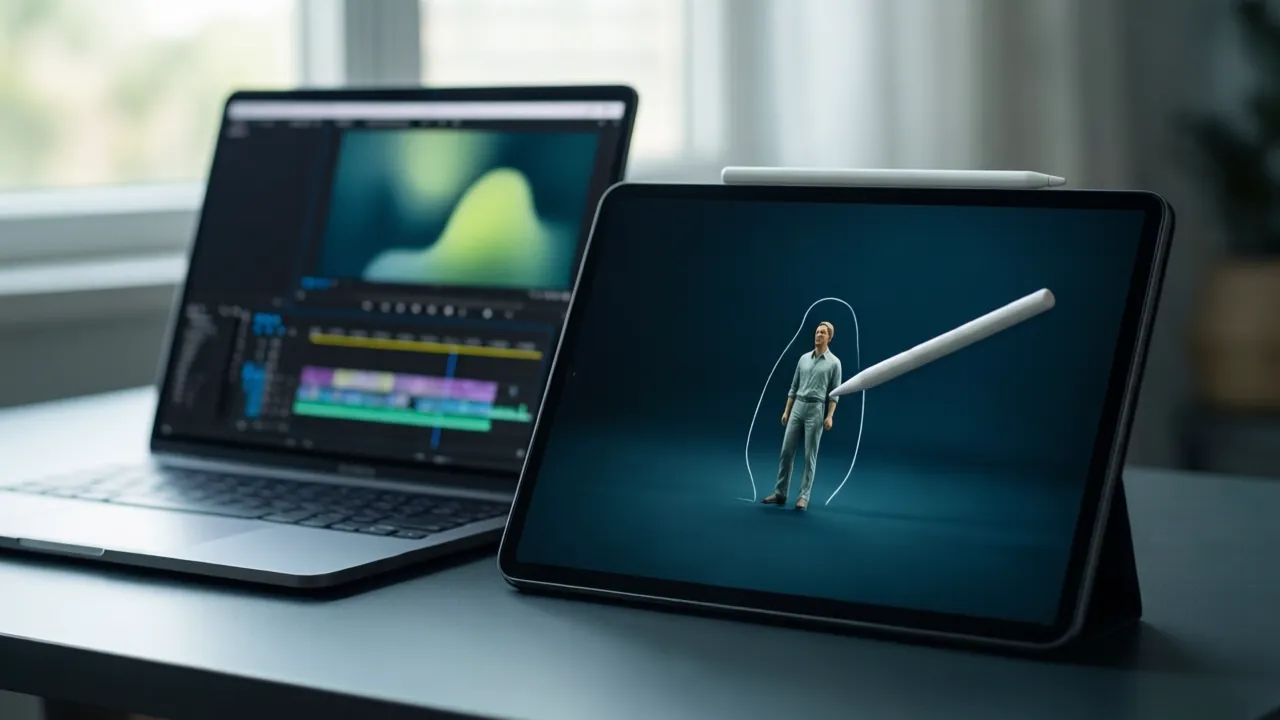 KI-Symbolbild: Ein Notebook mit einem Videoschnittprogramm, daneben ein Tablet, auf dem ein Stift eine Form um ein Objekt zeichnet