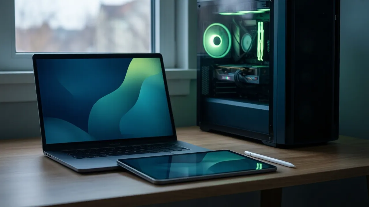 KI-Symbolbild: MacBook, iPad mit Stift und ein PC-Gehäuse mit Grafikkarte auf einem Schreibtisch