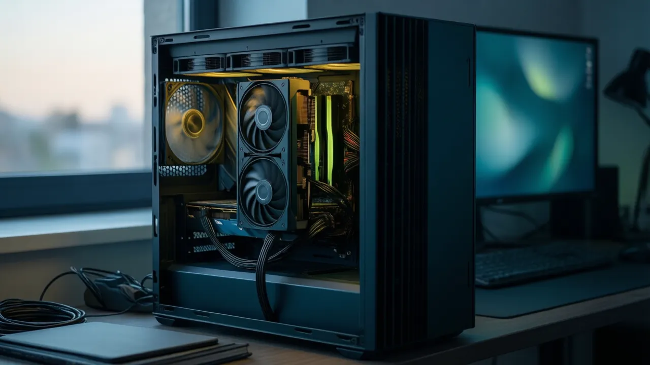 KI-Symbolbild: Innenansicht eines PCs mit einer großen Grafikkarte, deren Lüfter sich drehen