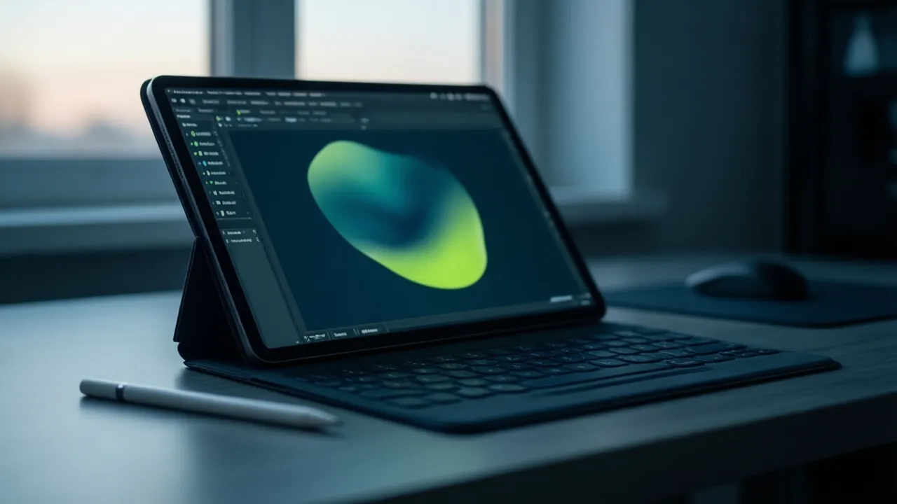 KI-Symbolbild: Ein großes Tablet auf einem Ständer zeigt einen Windows-Schreibtisch