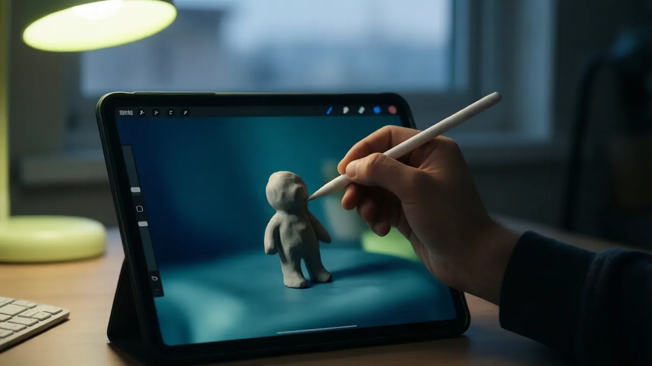 KI-Symbolbild: Ein Stift zeichnet auf einem Tablet, das eine 3D-Figur in einem Modellierprogramm zeigt