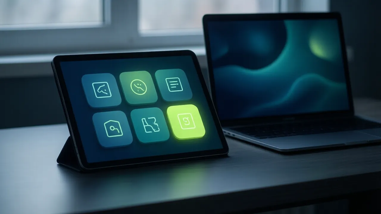 KI-Symbolbild: Ein Tablet mit großen leuchtenden Tasten neben einem Laptop