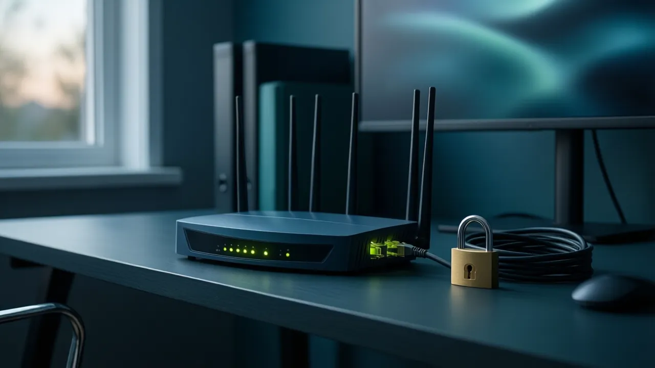 KI-Symbolbild: Ein Router mit leuchtenden Statuslampen im Flur, daneben ein Schloss