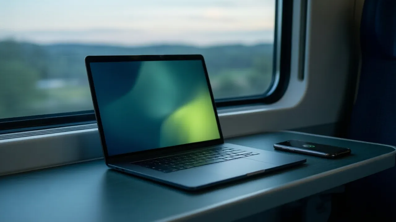 KI-Symbolbild: Ein Laptop auf einem Zugtisch, daneben ein Smartphone als Hotspot