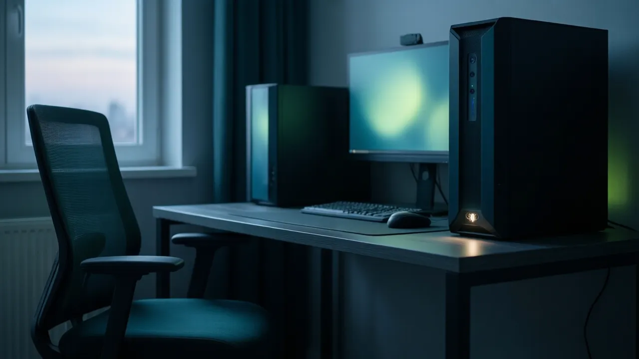 KI-Symbolbild: Ein dunkles Arbeitszimmer, an einem PC-Gehäuse leuchtet gerade die Betriebslampe auf