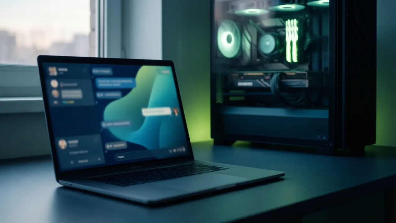KI-Symbolbild: Ein Laptop mit einer verschwommenen Chat-Oberfläche, im Hintergrund leuchtet eine Grafikkarte im PC