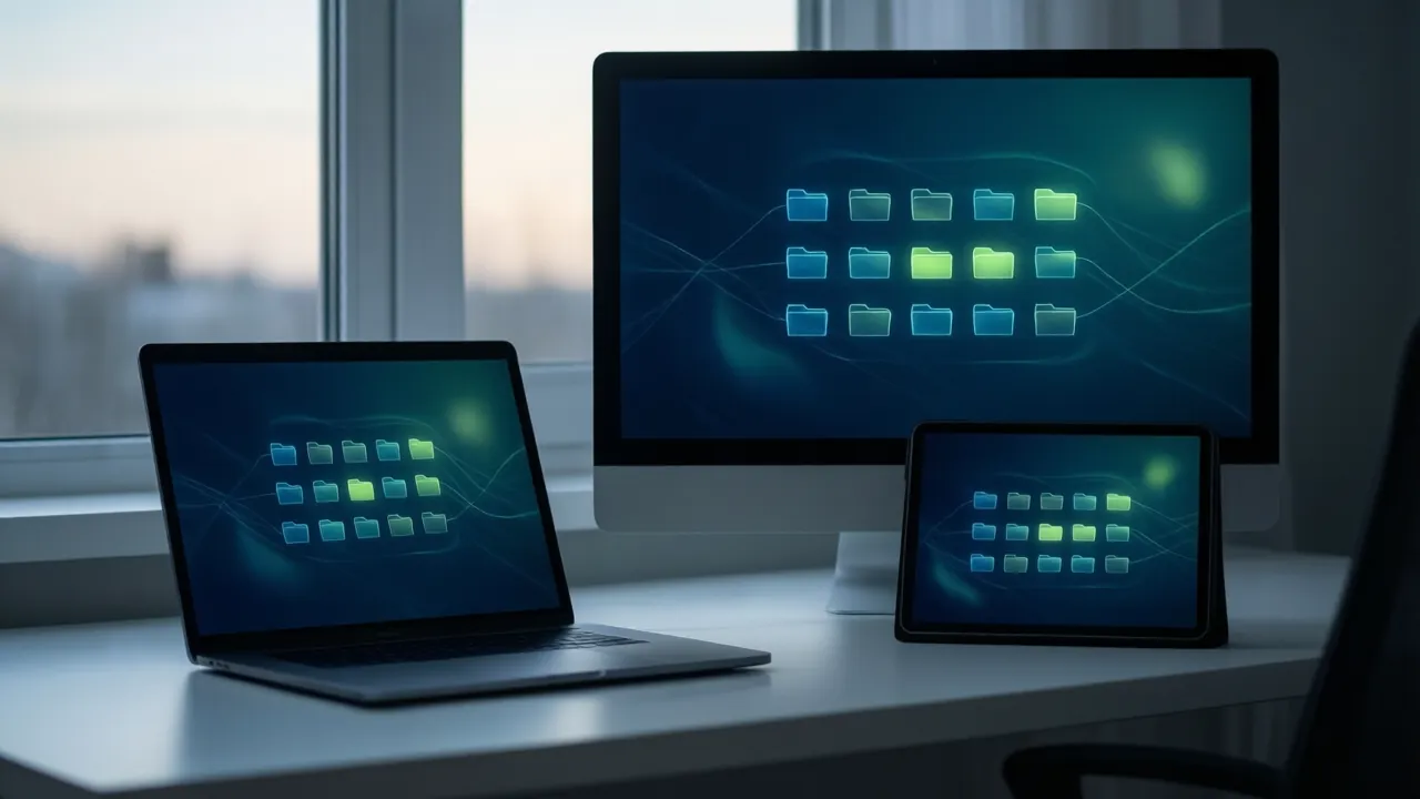 KI-Symbolbild: Laptop, Tablet und PC auf einem Schreibtisch, auf allen drei Bildschirmen derselbe Ordner
