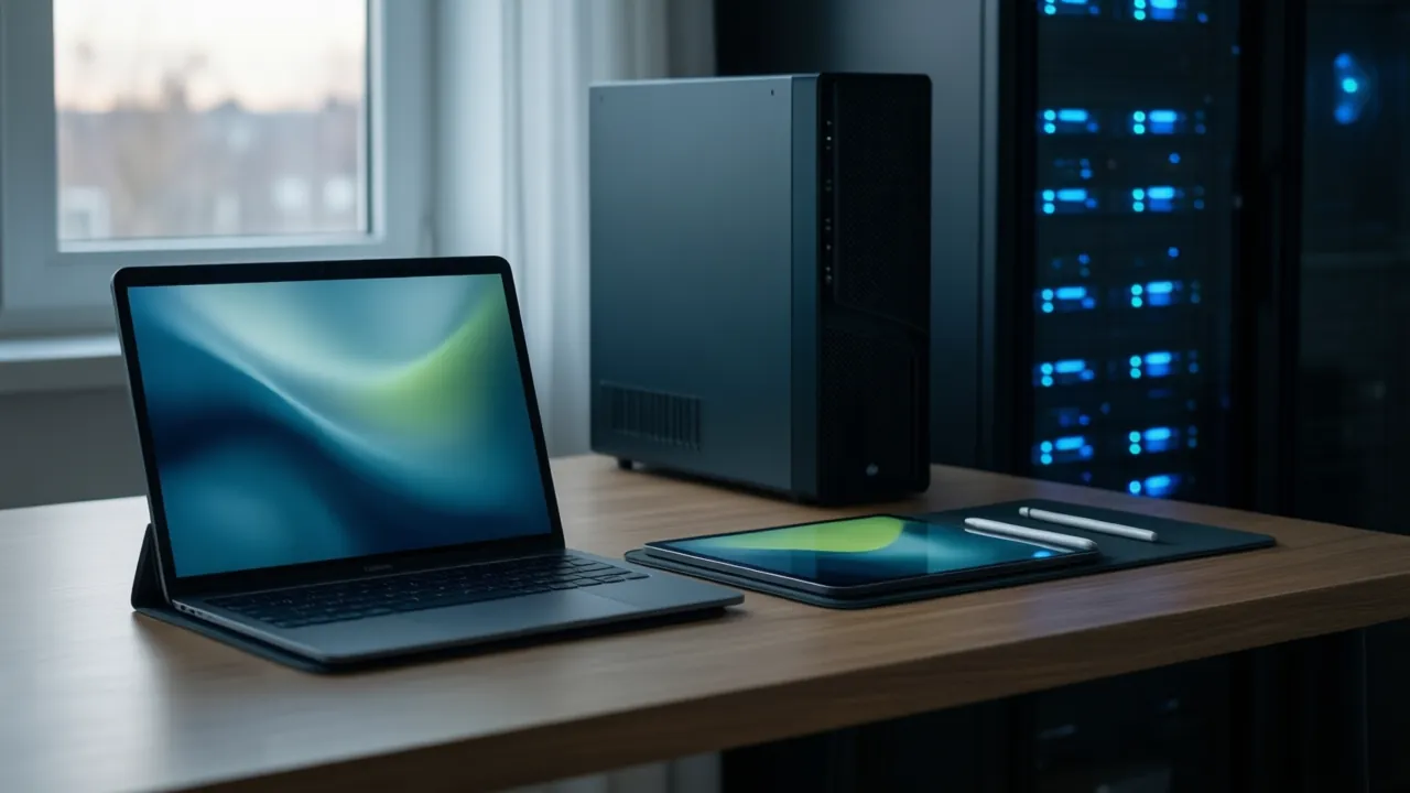 KI-Symbolbild: Laptop, Tablet mit Stift und ein Desktop-PC auf einem Schreibtisch, im Hintergrund das Licht eines Server-Schranks