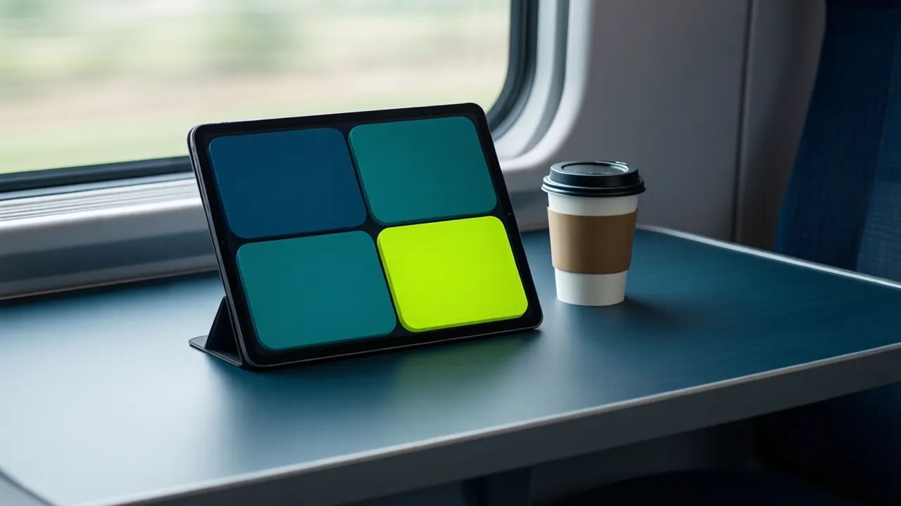 KI-Symbolbild: Ein Tablet mit einem Raster aus vier großen farbigen Tasten ohne Beschriftung, auf einem Zugtisch