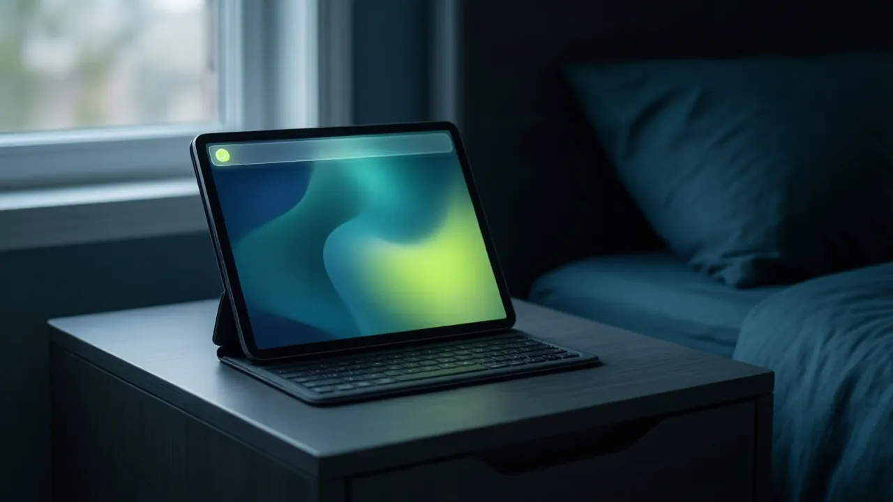 KI-Symbolbild: Ein Tablet auf einem Nachttisch, oben auf dem Bildschirm leuchtet eine Benachrichtigung ohne lesbaren Text