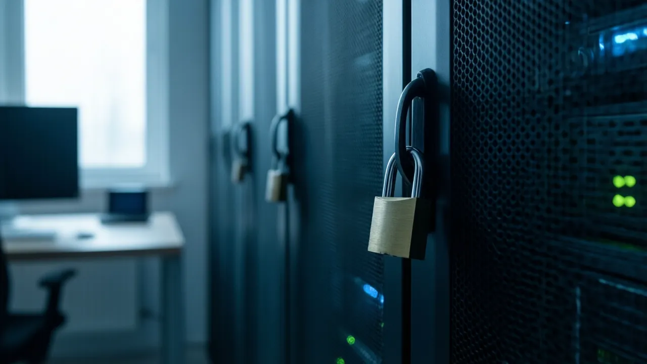 KI-Symbolbild: Ein Server-Schrank im Rechenzentrum, an einer Tür ein geschlossenes Vorhängeschloss