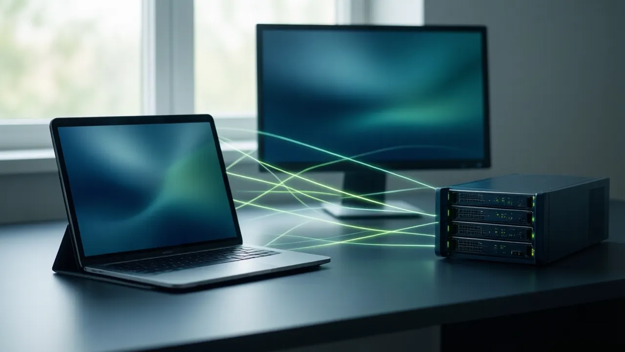 KI-Symbolbild: Laptop, Tablet, Desktop-PC und ein Server, verbunden durch leuchtende Linien zu einem Netz