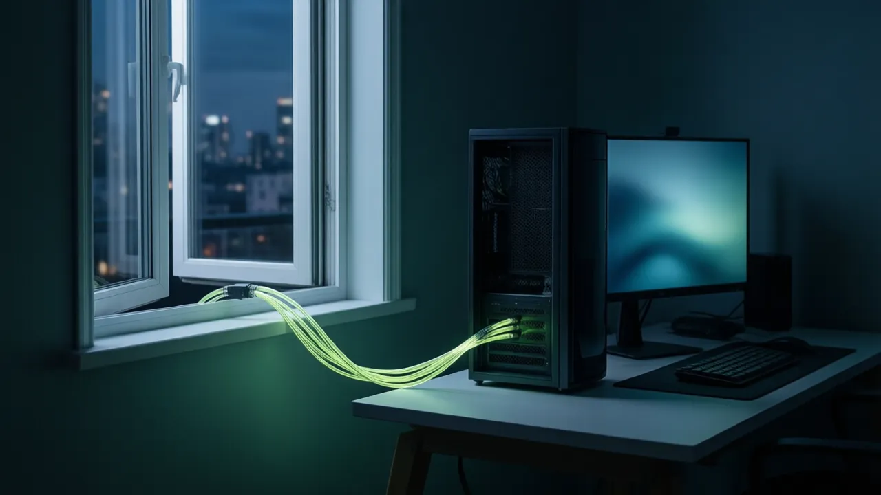 KI-Symbolbild: Ein einzelnes leuchtendes Kabel führt von einem Desktop-PC zu Hause durch ein Fenster in die Nacht