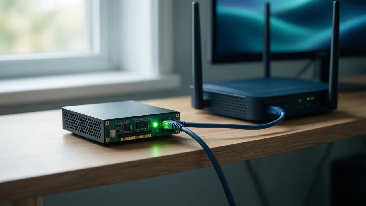 KI-Symbolbild: Ein kleiner Einplatinenrechner neben einem Router auf einem Regalbrett, ein Netzwerkkabel verbindet beide