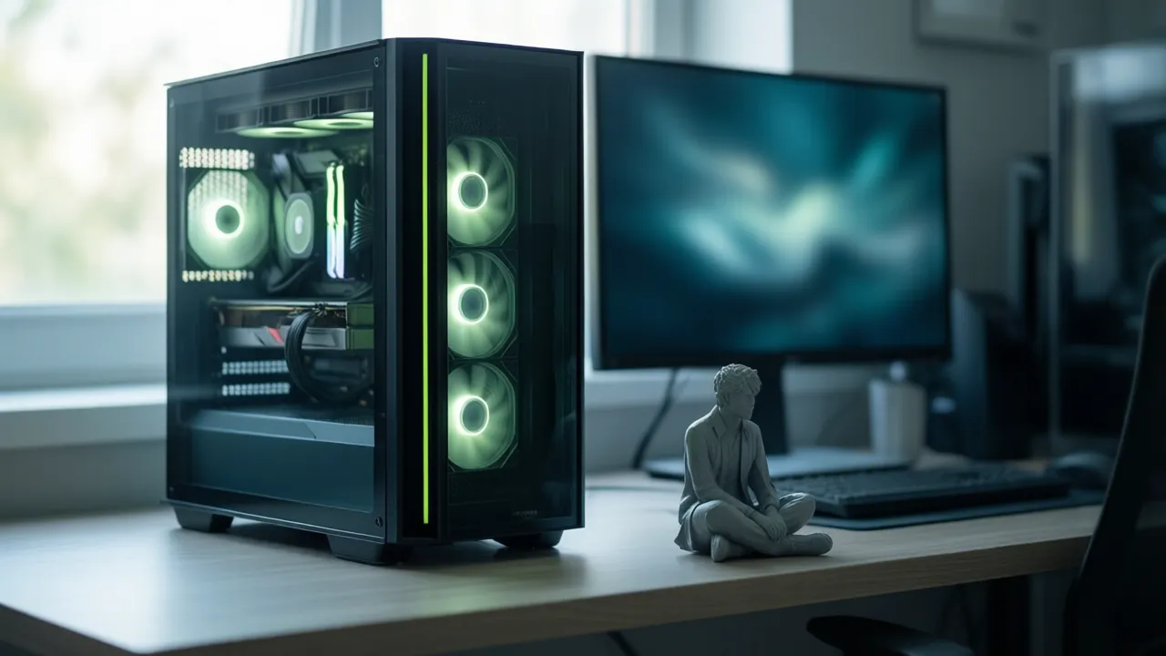 KI-Symbolbild: Ein Desktop-PC mit leuchtender Grafikkarte, davor auf dem Tisch eine kleine 3D-gedruckte Figur