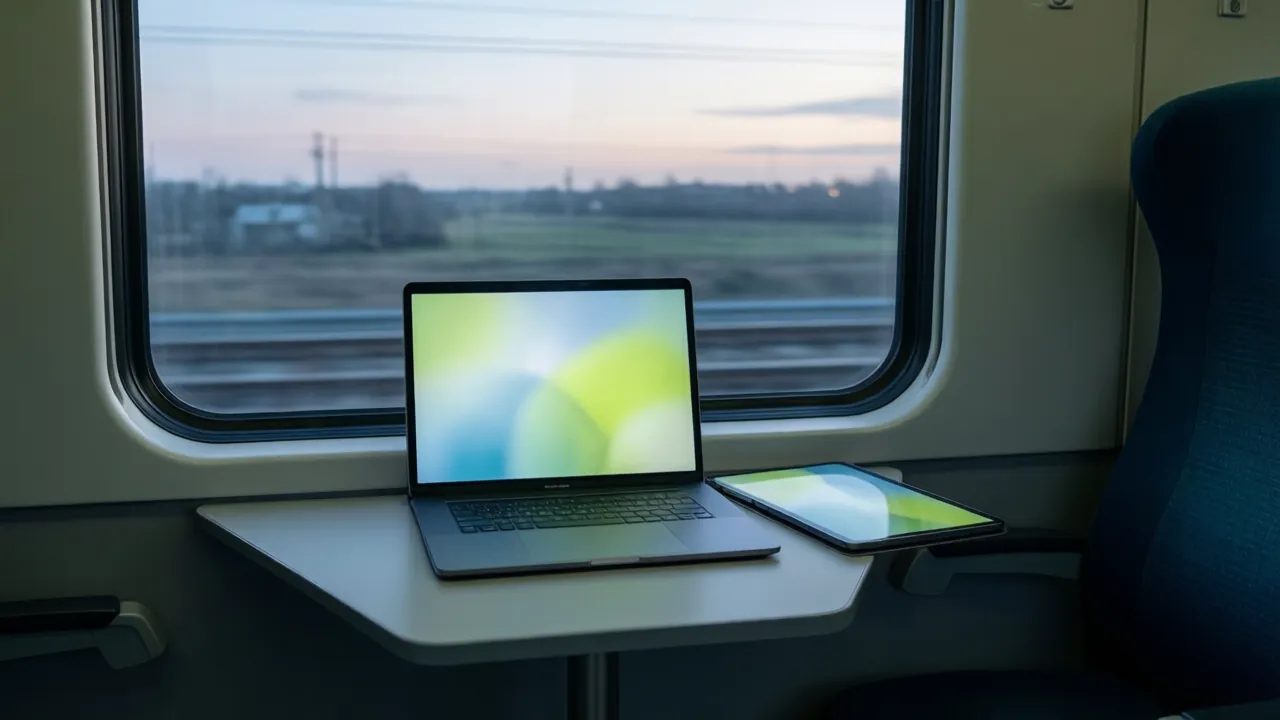 KI-Symbolbild: Laptop und Tablet auf dem Tisch eines Zugabteils, draußen zieht eine Landschaft in der Dämmerung vorbei