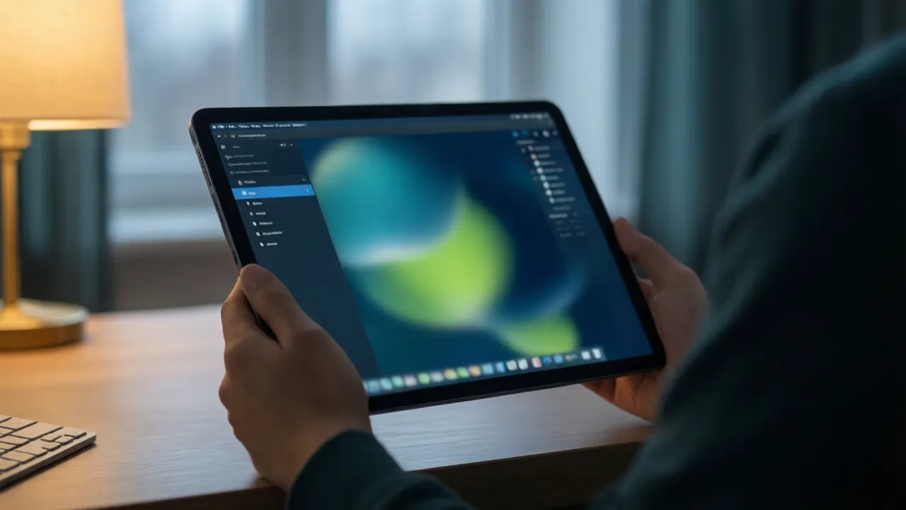 KI-Symbolbild: Ein Tablet zeigt den unscharfen Bildschirm eines Desktop-PCs, im Hintergrund ein Wohnzimmer am Abend