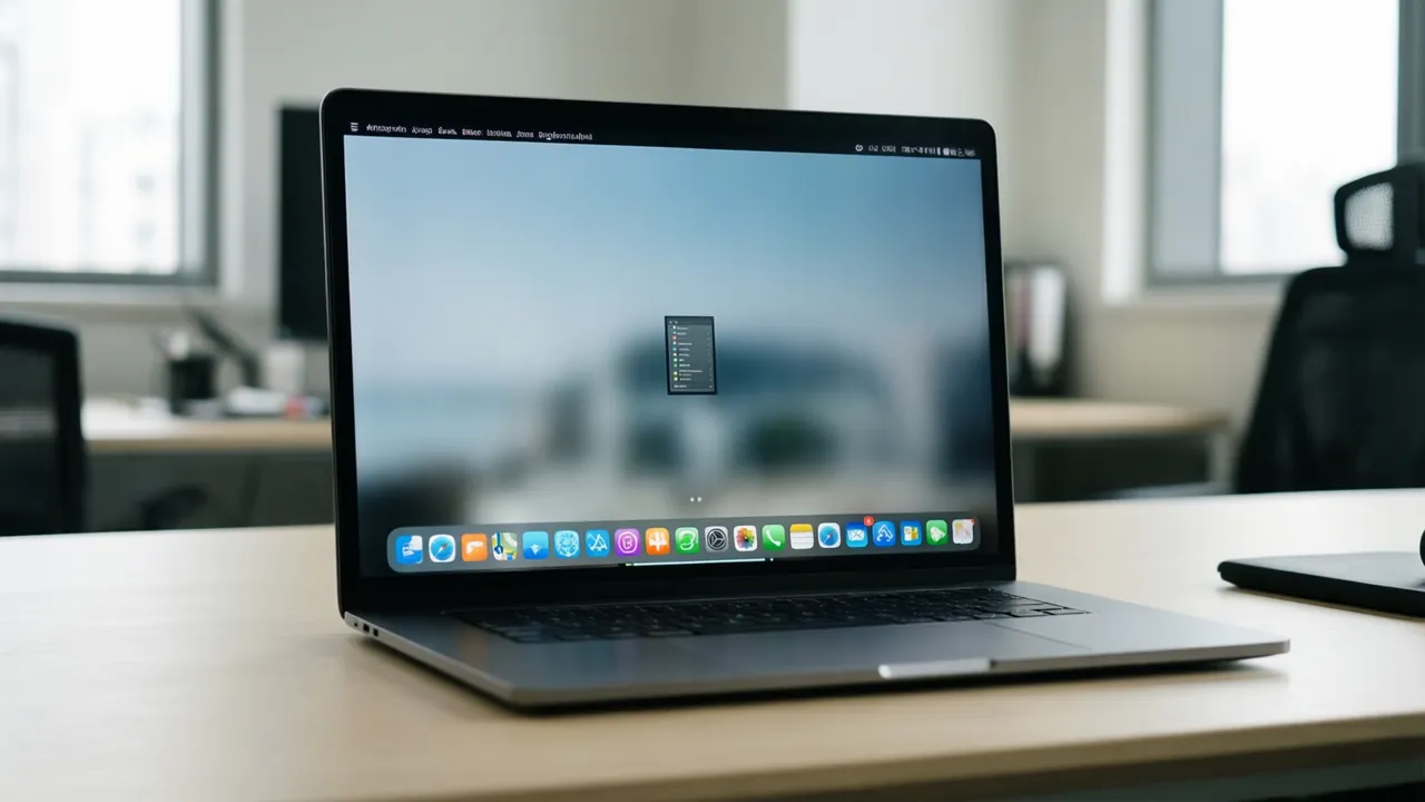 KI-Symbolbild: Laptop auf einem Schreibtisch, auf dem Bildschirm oben eine Menüleiste, unten ein Dock mit App-Symbolen