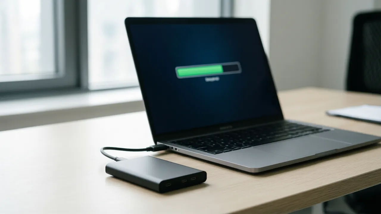 KI-Symbolbild: Laptop mit einer per Kabel angeschlossenen externen SSD