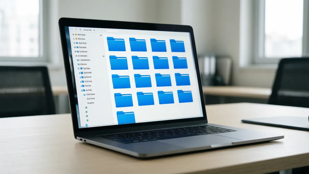 KI-Symbolbild: Laptop-Bildschirm mit einem Dateifenster: Seitenleiste links, Ordner rechts