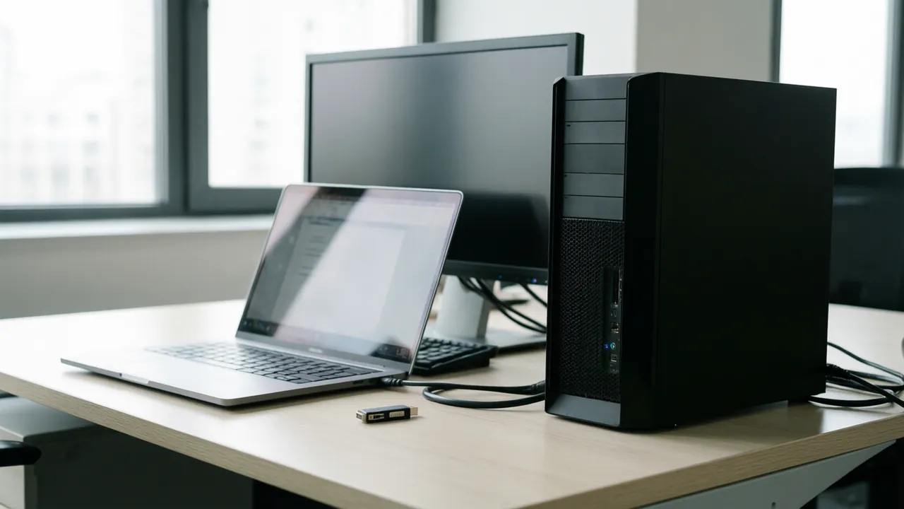 KI-Symbolbild: Laptop und Windows-PC nebeneinander auf einem Schreibtisch, dazwischen ein USB-Stick