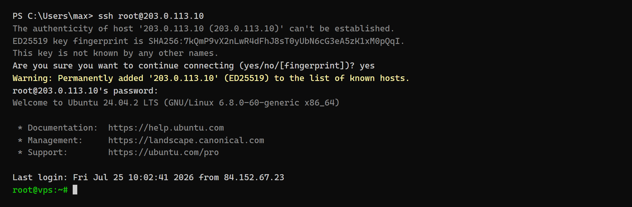 Windows-Terminal: erster ssh-Login auf die Server-IP — Fingerprint-Abfrage mit yes bestätigt, Passwort eingegeben, Ubuntu-Begrüßung, root-Prompt