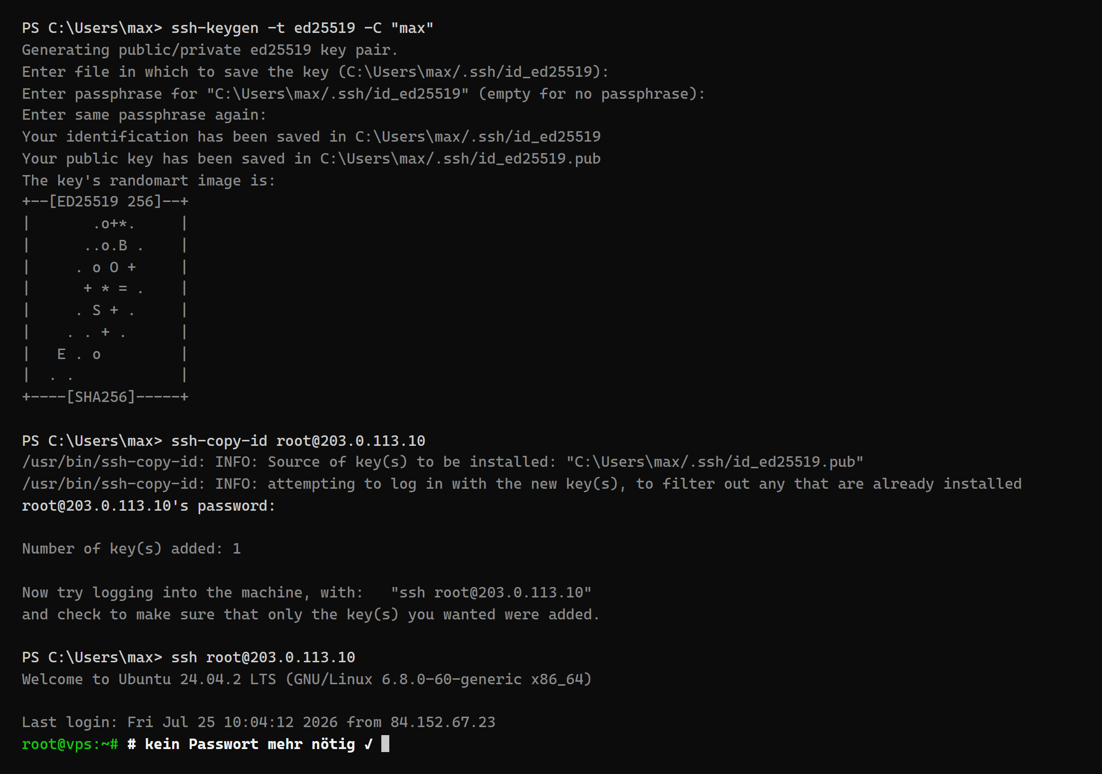 Windows-Terminal: ssh-keygen erzeugt das Schlüsselpaar, ssh-copy-id überträgt den öffentlichen Key („Number of key(s) added: 1