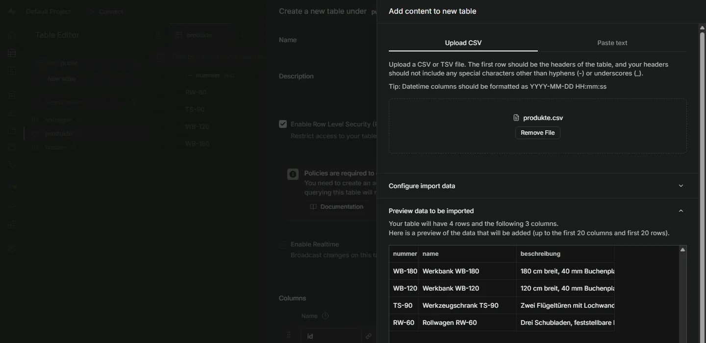 Seitenleiste Add content to new table mit der Datei produkte.csv und einer Vorschau von vier Zeilen